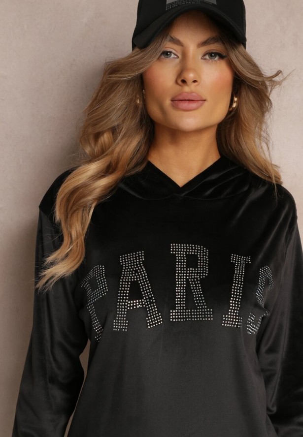 Czarny 2-częściowy Welurowy Komplet Dresowy z Bluzą i Spodniami Yamiya