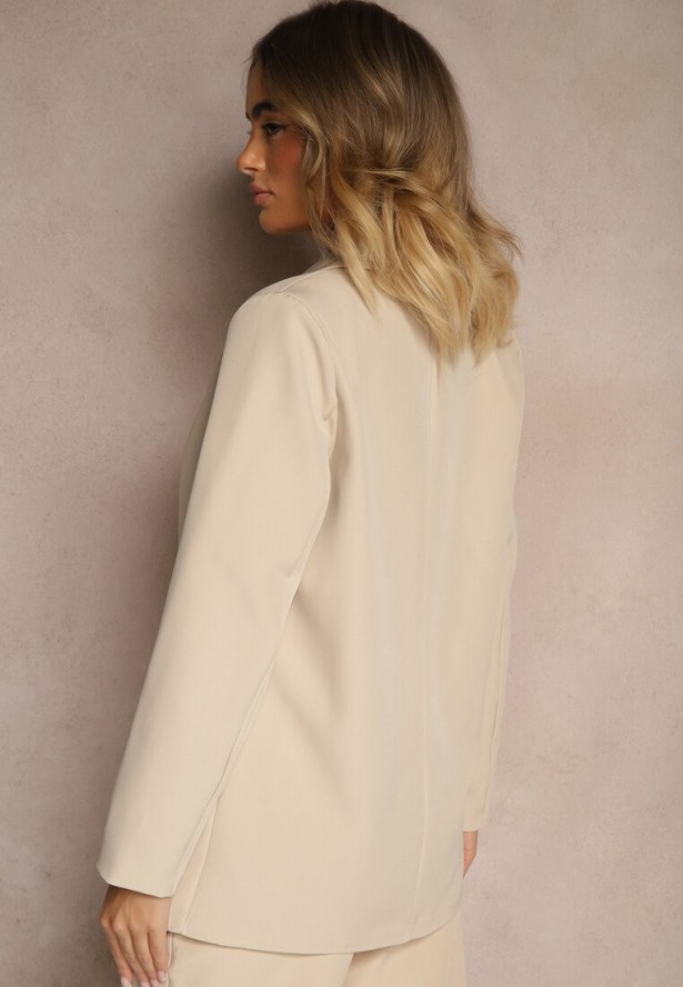 Beżowa Marynarka z Imitacją Kieszeni i Usztywnioną Linią Ramion Vivissea