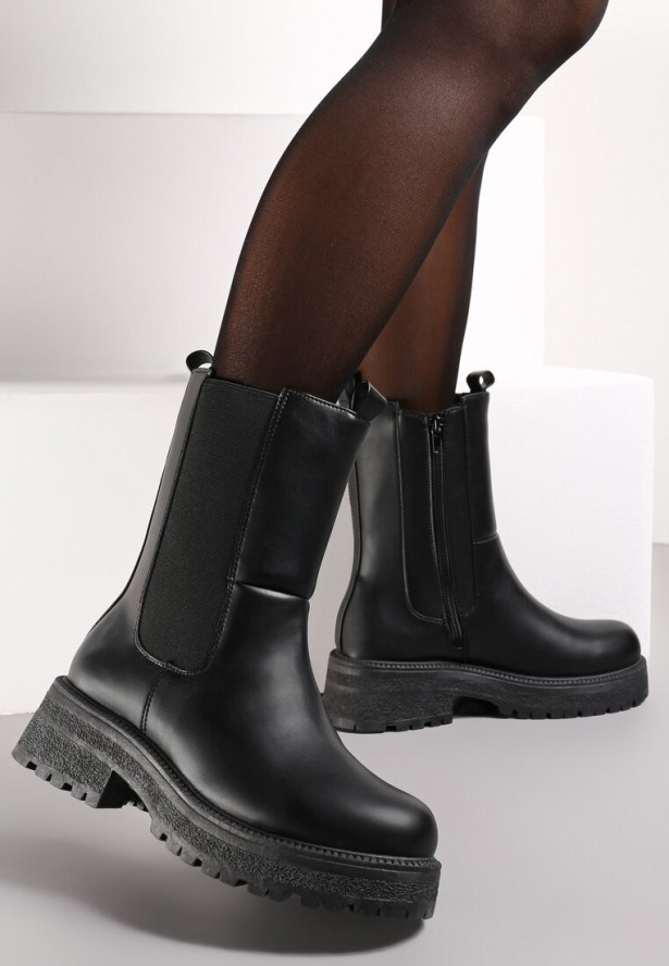 Czarne Botki Sztyblety na Grubej Podeszwie Fistta