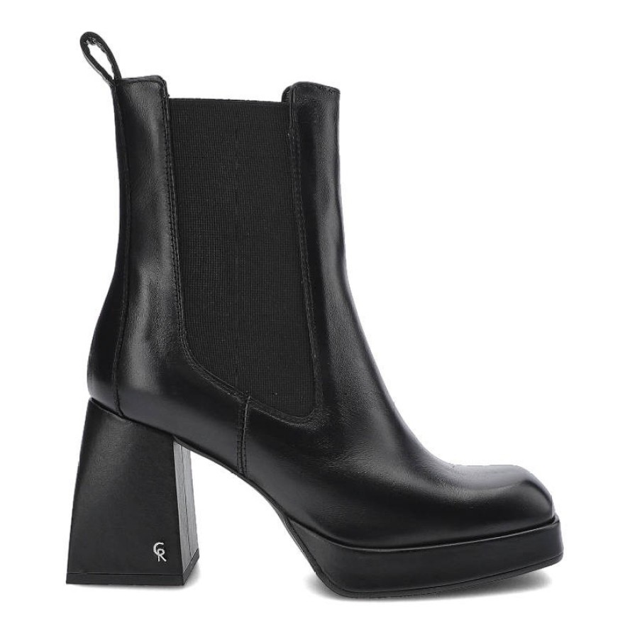 Botki damskie Carinii, naturalna skóra licowa z elastycznymi wstawkami po bokach cholewki stabilnym obcasem, czarne, B7563-E50-E61