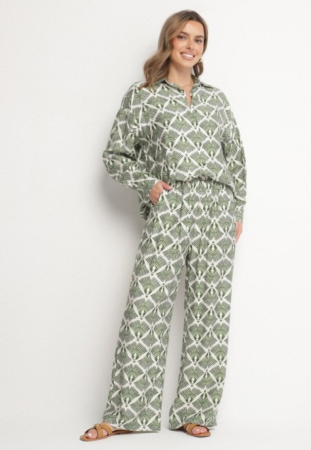 Zielony Wiskozowy Komplet w Etniczny Wzór Koszula i Spodnie Desaviana