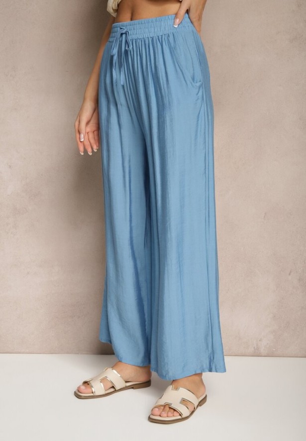 Niebieskie Spodnie Typu Palazzo o Szerokim Kroju High Waist Ozdobione Wiązaniem Yaslevia