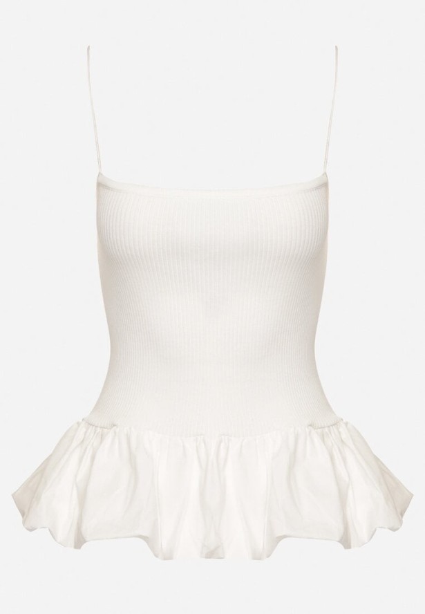 Jasnobeżowy Prążkowany Top z Ozdobną Falbanką Alutte