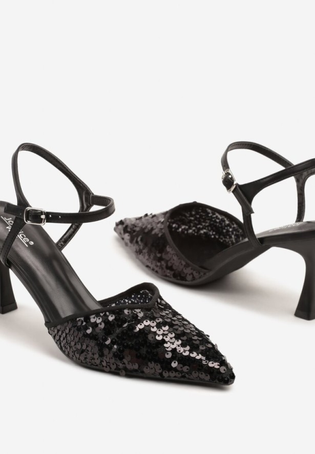 Czarne Sandały na Szpilce z Cekinową Cholewką Ulariona