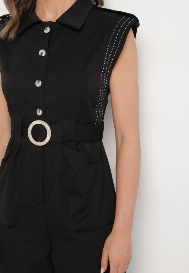 Czarny Taliowany Kombinezon z Guzikami i Cyrkoniami Lumalise