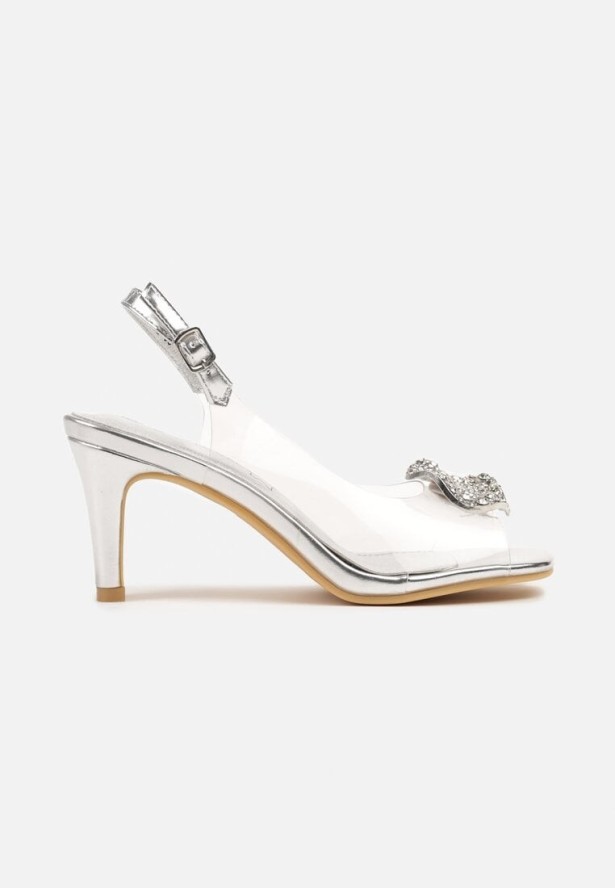 Srebrne Sandały Transparentne na Obcasie z Ozdobną Aplikacją z Cyrkoniami Selreis