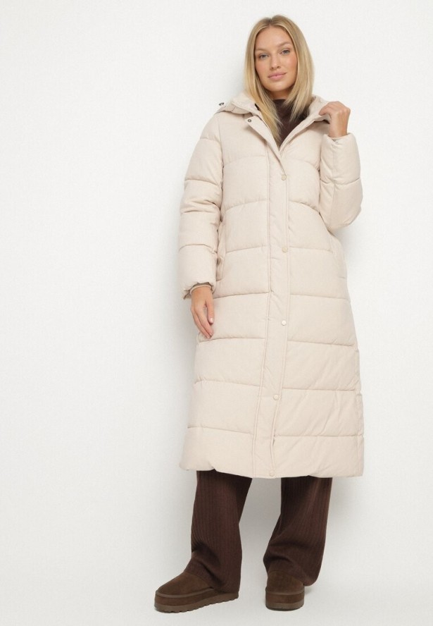 Jasnobeżowa Długa Pikowana Kurtka z Kapturem Afarriva