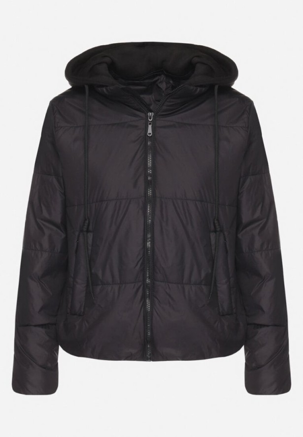 Czarna Kurtka Pikowana z Materiałowym Kapturem Odpinanym Jasilea