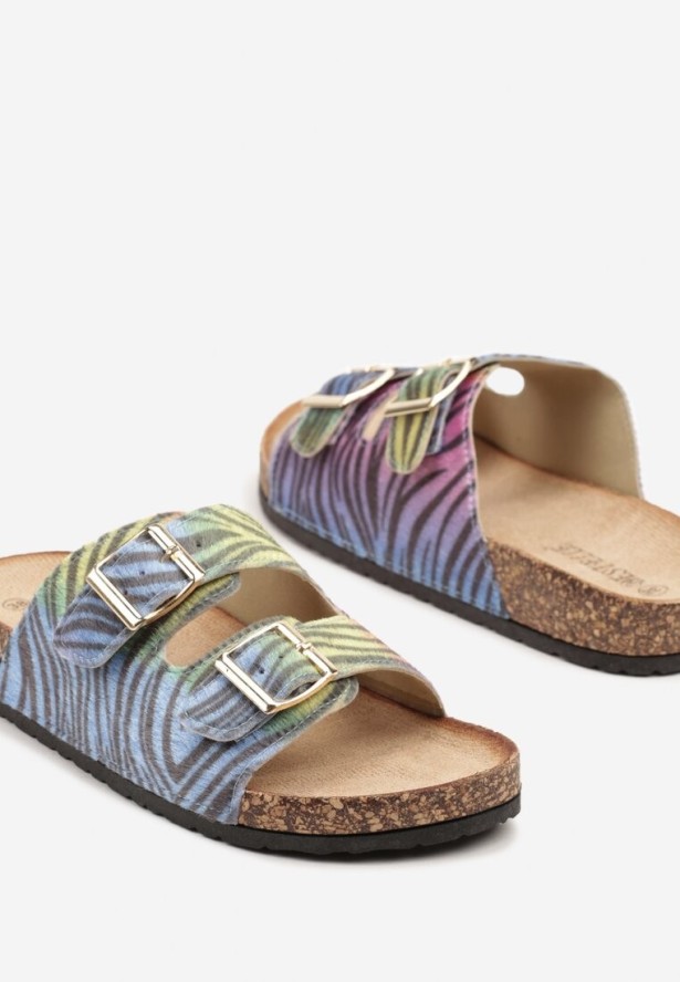 Niebiesko-Różowe Klapki na Podeszwie z Imitacji Korka Zdobione Sprzączkami Virlevia