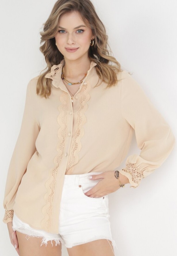 Beżowa Koszula ze Stójką i Koronkowymi Zdobieniami Kalla