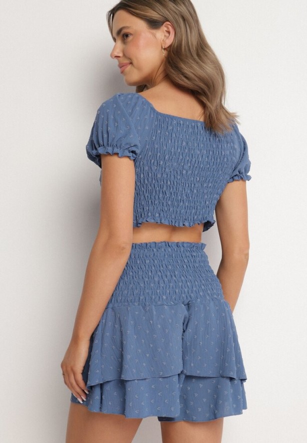 Niebieski Komplet z Tłoczonej Tkaniny Spódnico-Szorty i Bluzka Hiszpanka Sariloria