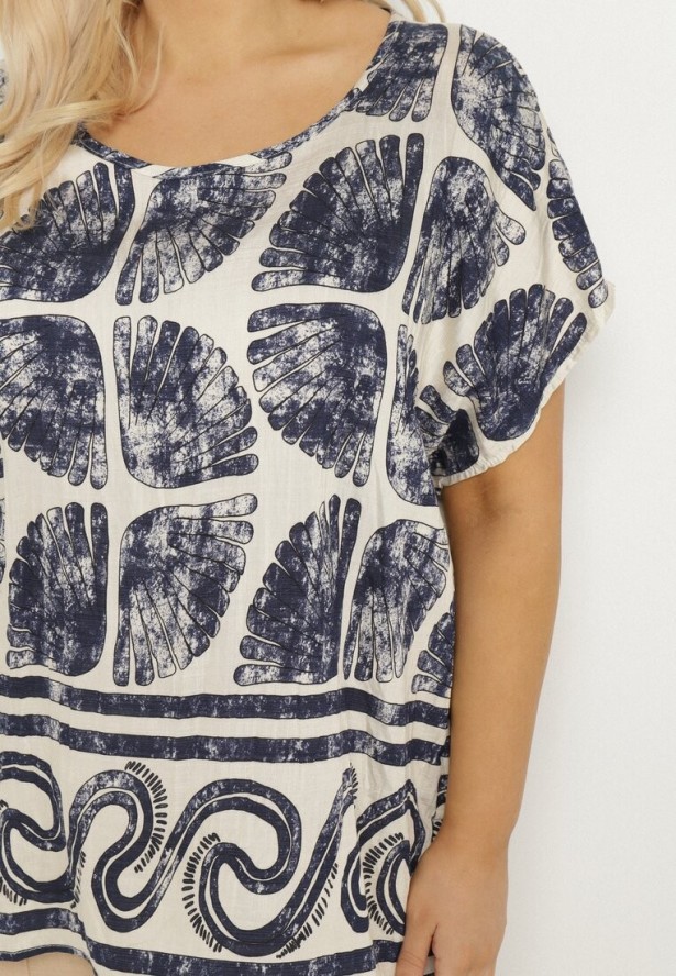 Granatowa Bluzka Nietoperz z Wiskozy w Abstrakcyjny Print Jenoloria