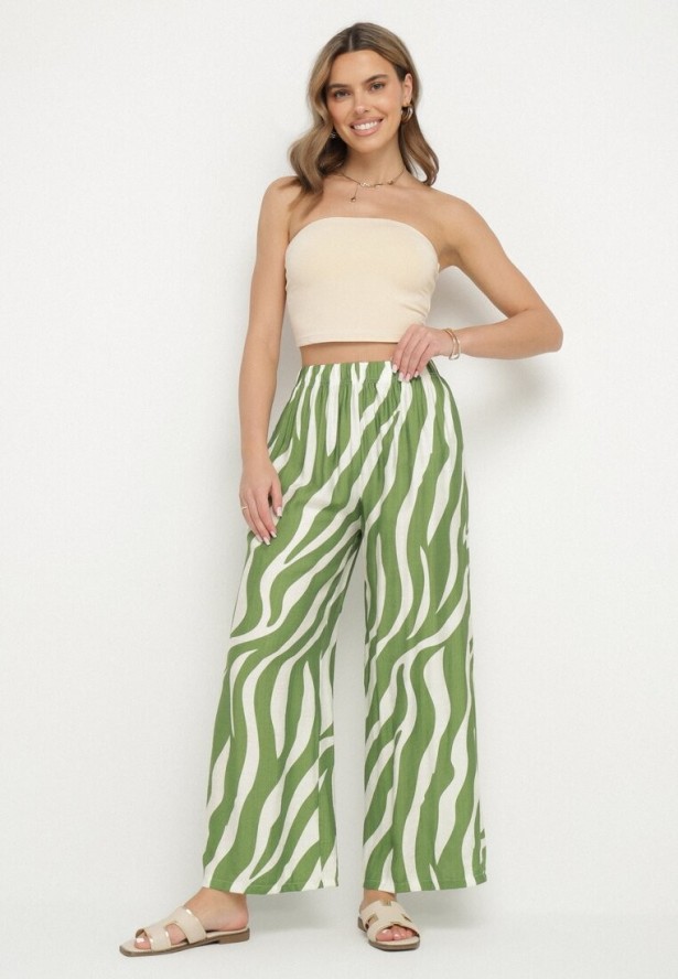 Zielono-Białe Szerokie Spodnie z Wysokim Stanem z Paskami Lisavitia