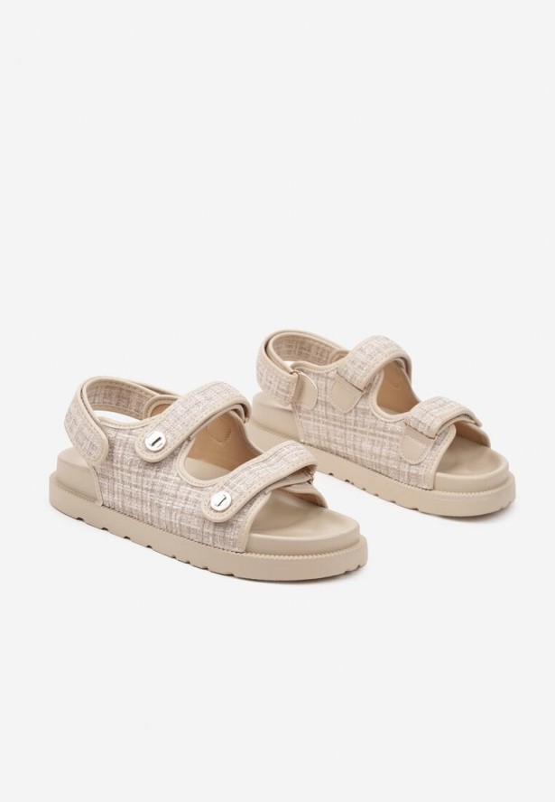 Beżowe Sandały z Metalicznymi Guzikami i Tweedową Cholewką Oliandra