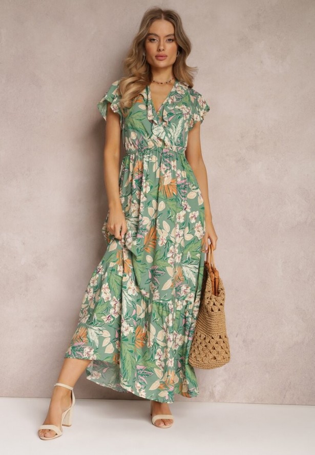 Zielona Sukienka z Wiskozy Maxi w Kwiaty Mahiza