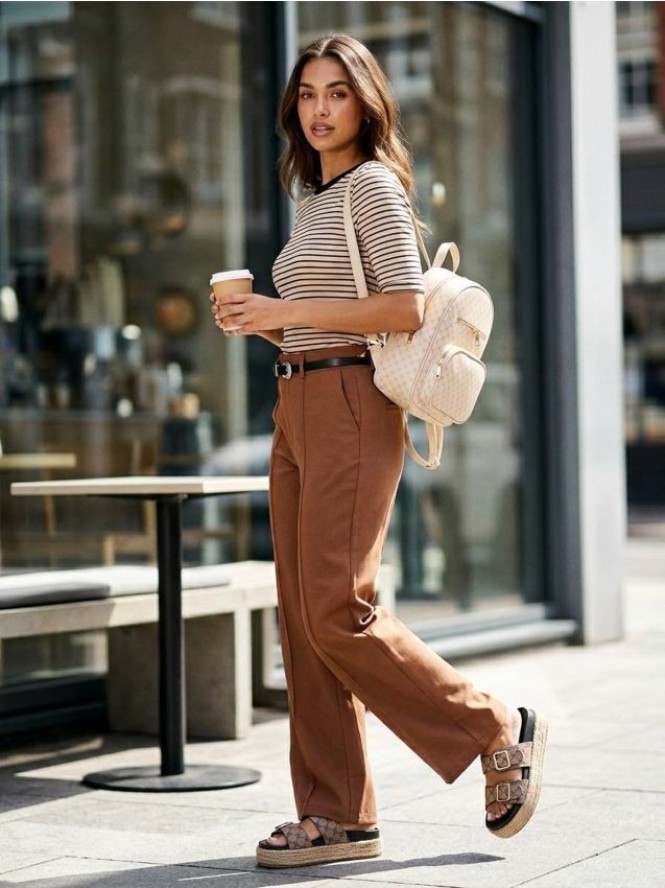 Bawełniana koszulka w paski - kremowy