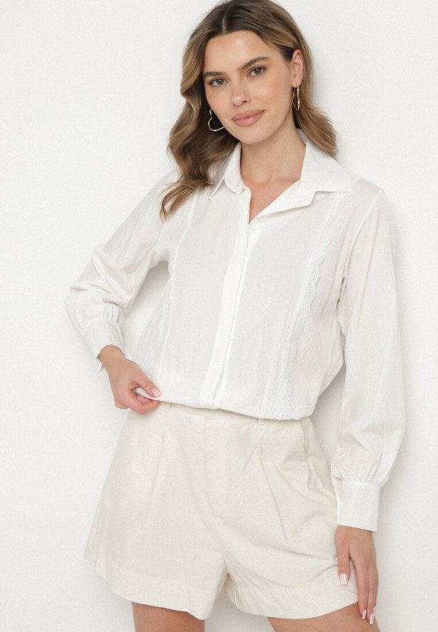 Biała Koszula z Wiskozą i Koronkowymi Wstawkami Tenaraia