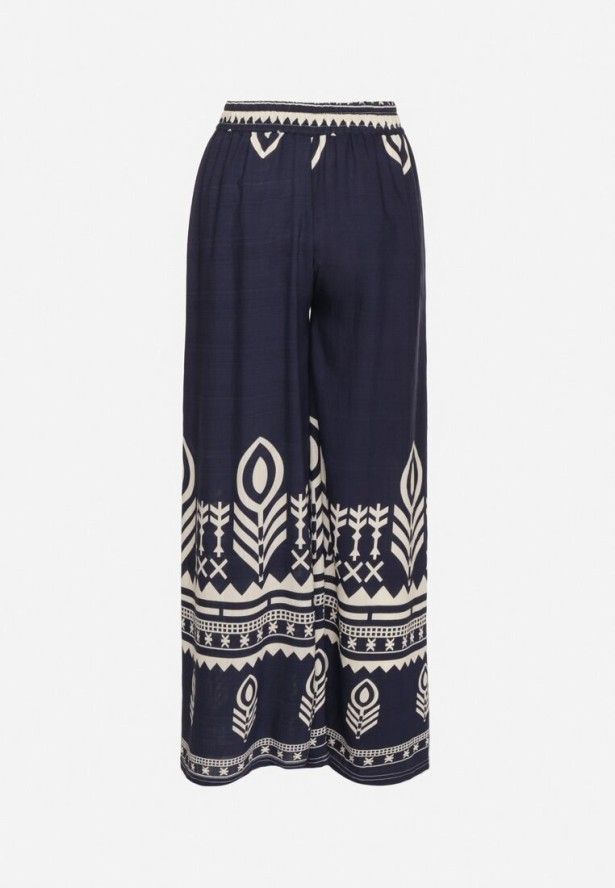 Granatowe Wiskozowe Spodnie o Szerokim Kroju z Etnicznym Wzorem Mileldi