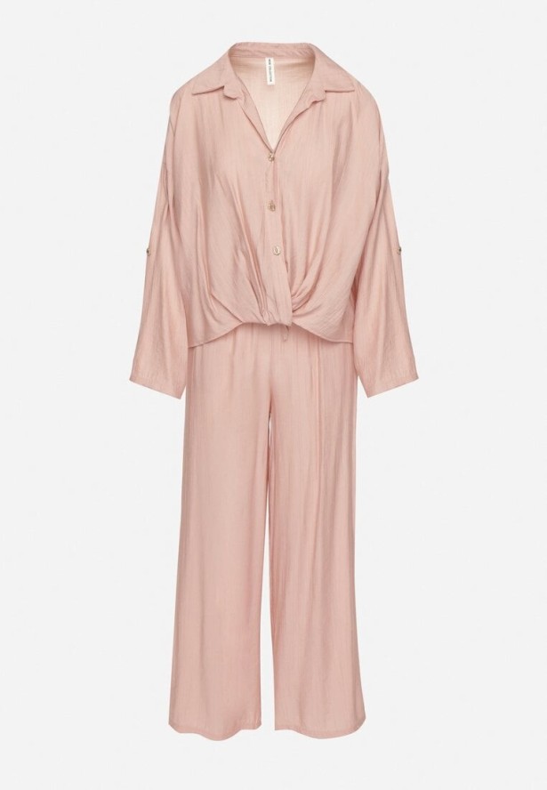 Różowy Wiskozowy Komplet Oversize Koszula i Spodnie z Gumką w Talii Natilira