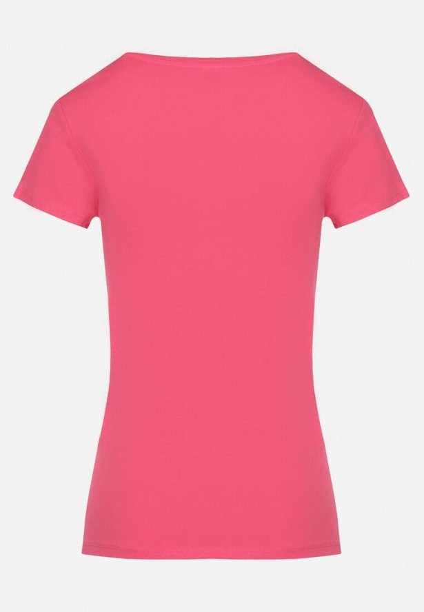 Różowy T-shirt Bawełniany z Trójkątnym Dekoltem Tolilara