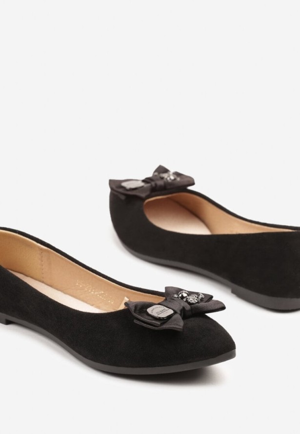 Czarne Balerinki ze Skórzaną Wkładką z Kokardą Galethia