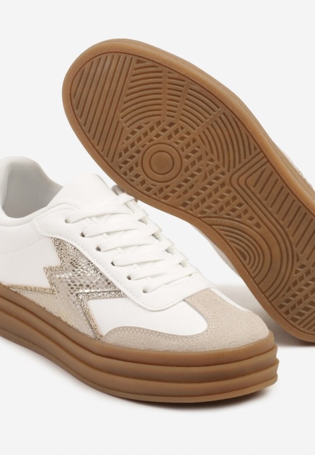 Złoto-Białe Sneakersy na Kauczukowej Podeszwie z Geometrycznym Wzorem Tolionne