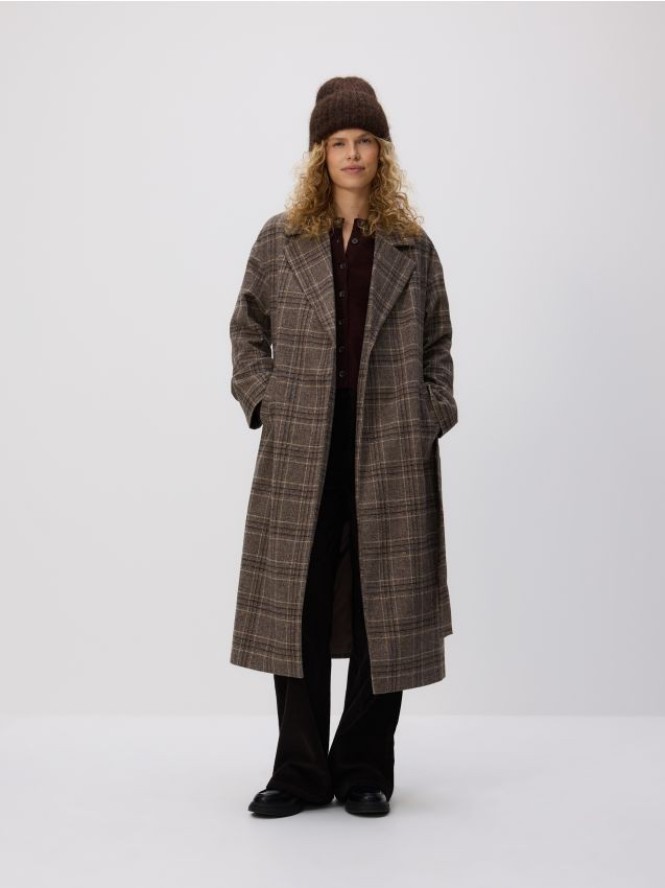 Wiązany płaszcz w kratę - wielobarwny