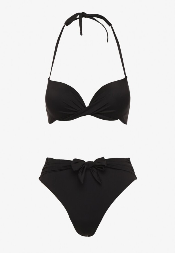 Czarne Bikini Majtki Figi i Biustonosz Ozdobione Wiązaniem Saniorie