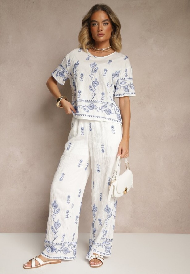 Biały Wiskozowy Komplet z Ozdobnym Haftem Koszulka i Spodnie o Szerokim Kroju Tealenea