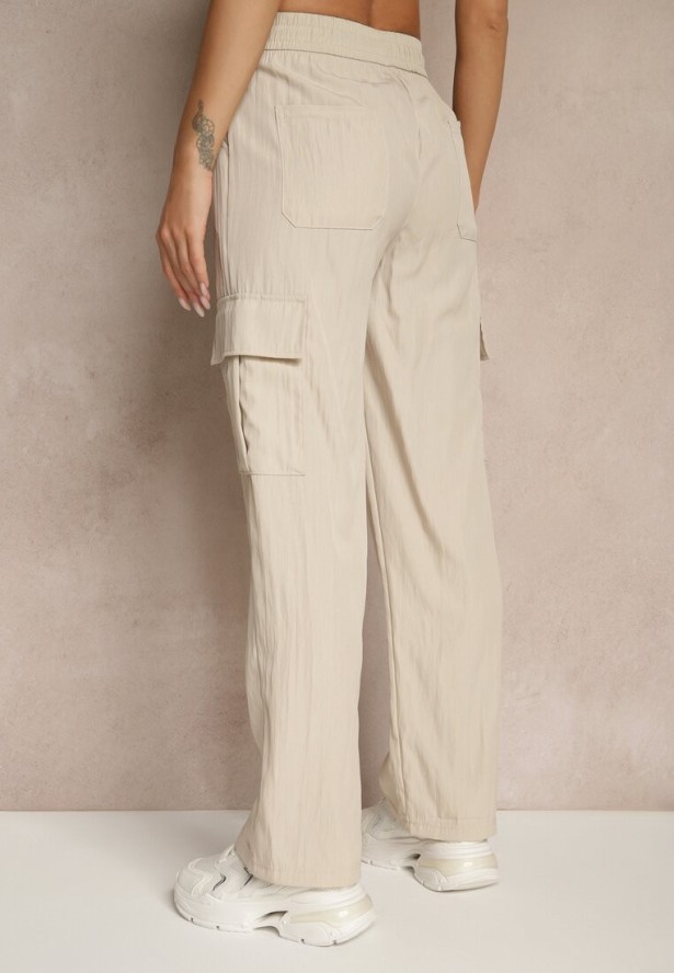 Jasnobeżowe Spodnie Cargo z Bawełną o Szerokim Kroju High Waist Mairiora