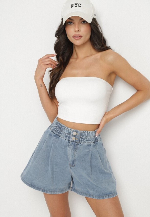 Niebieskie Szorty Jeansowe z Szeroką Nogawka i Wysokim Stanem Rinestra