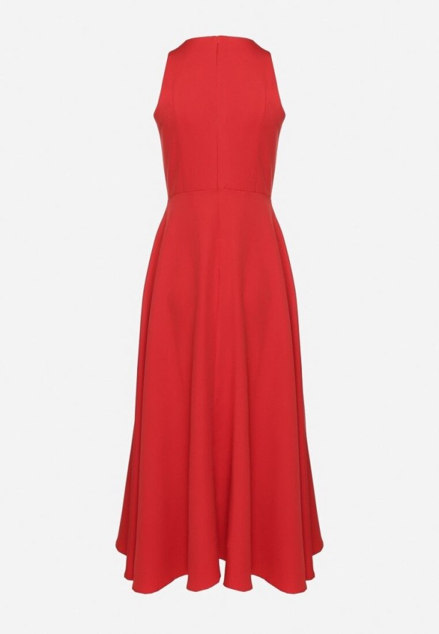 Czerwona Rozkloszowana Sukienka z Wiskozą i Dekoltem Typu Halter Dolienna