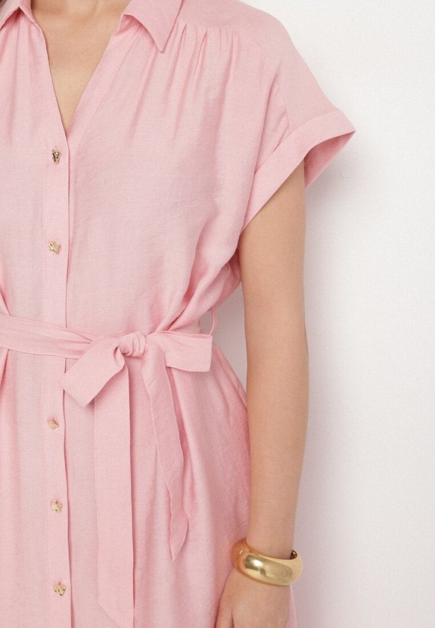 Różowa Wiskozowa Sukienka Koszulowa z Paskiem Rinaruna