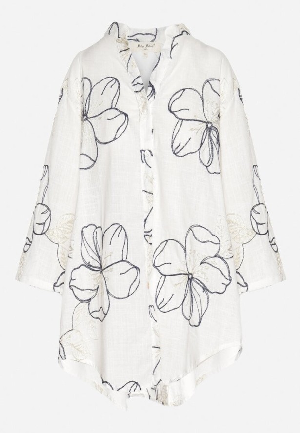 Biało-Granatowa Koszula o Kroju Oversize z Podpinanymi Rękawami Zdobiona Haftem Folirella