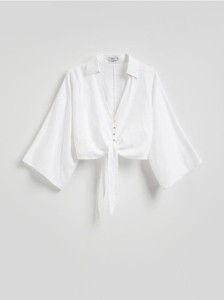 Wiązana koszula z lnem - biały