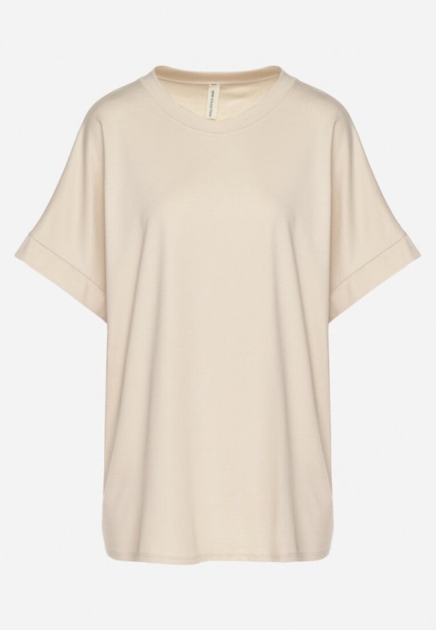 Beżowy T-shirt z Wiskozą o Kroju Nietoperza Tanariona