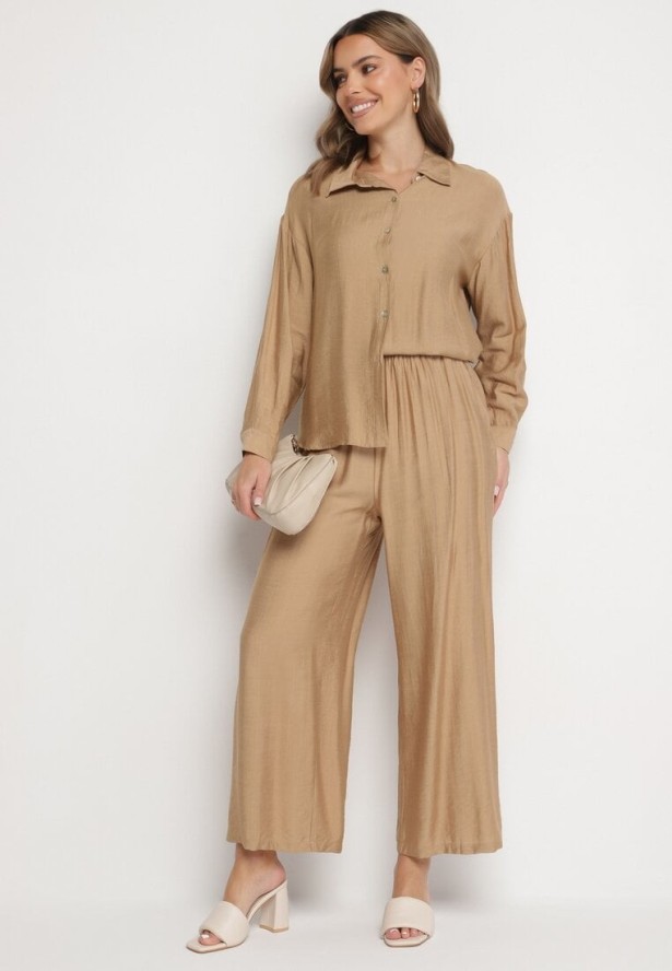 Ciemnobeżowy Wiskozowy Komplet z Koszulą i Spodniami o Szerokim Kroju Eleaviana