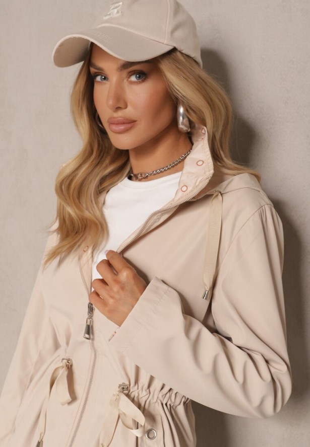 Jasnobeżowa Kurtka Parka o Dwustronnym Kroju z Kapturem i Ściągaczem Tillionne
