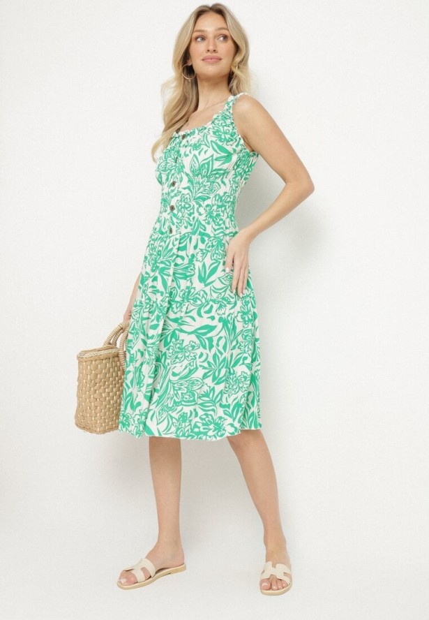 Zielona Bawełniana Sukienka Rozkloszowana Ozdobiona Guzikami Lisavena