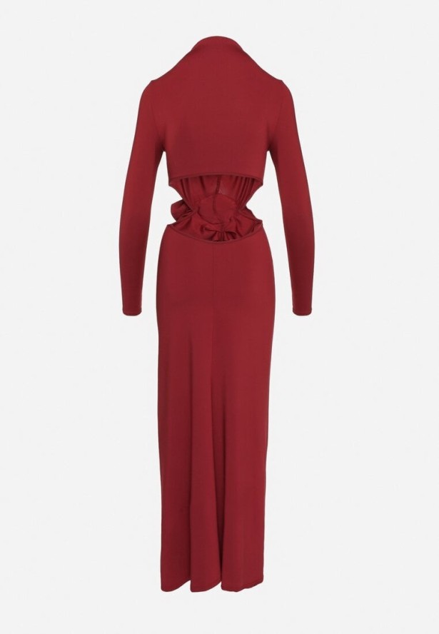 Bordowa Wieczorowa Sukienka z Wiskozą Wycięciem Kwiatem 3D i Odkrytymi Plecami Annilith