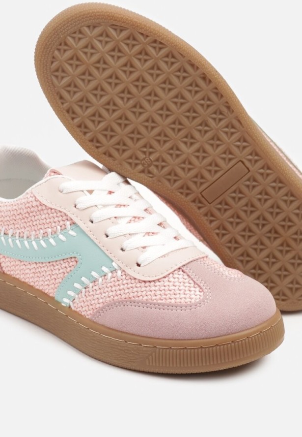 Różowe Sneakersy w Stylu Klasycznych Tenisówek Zdobione Przeszyciami i Tweedem Koriznne