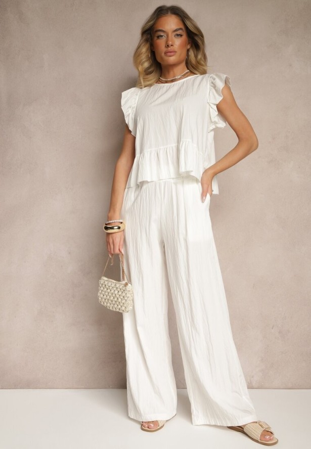Biały Komplet z Wiskozą Spodnie o Szerokim Kroju i Bluzka z Baskinką Evellimi