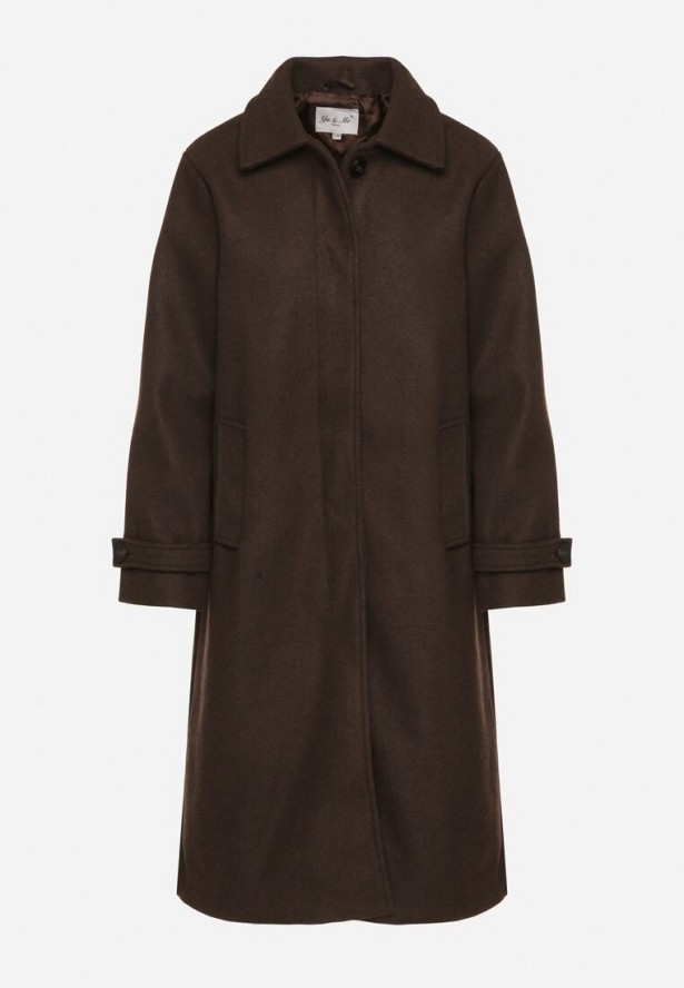 Brązowy Jednorzędowy Płaszcz z Wełną i Wiskozą w Stylu Trencza Lutila