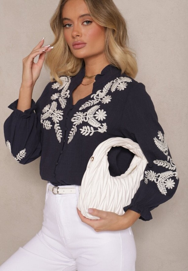 Granatowa Koszula z Wiskozą Bawełną i Haftowanym Wzorem Analessa