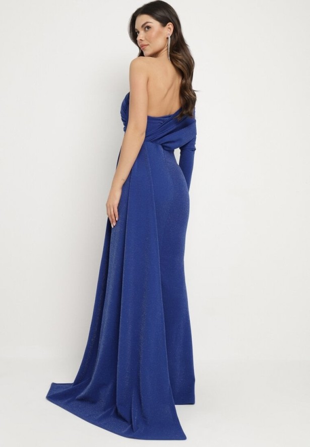 Granatowa Asymetryczna Sukienka Koktajlowa Ozdobiona Metaliczną Nicią i Trenem Emarielin