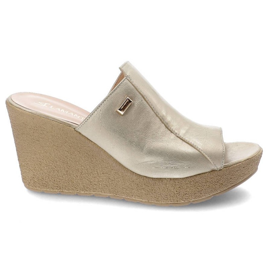 Złote Klapki Lamanti Skórzane Buty Damskie