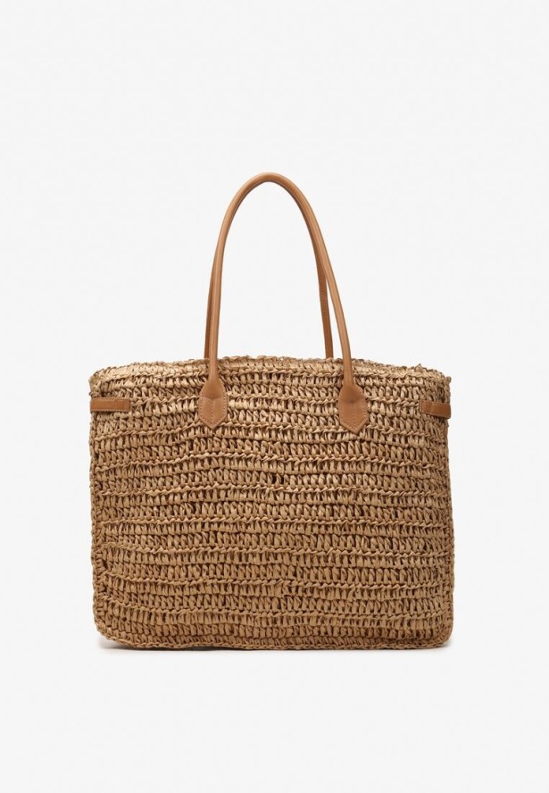 Beżowa Pleciona Torebka o Dużym Fasonie Tote w Stylu Boho Emerria