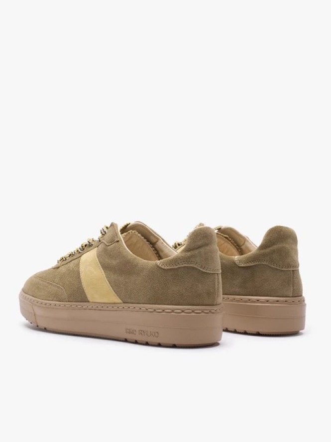 Oliwkowe sneakersy z żółtym paskiem
