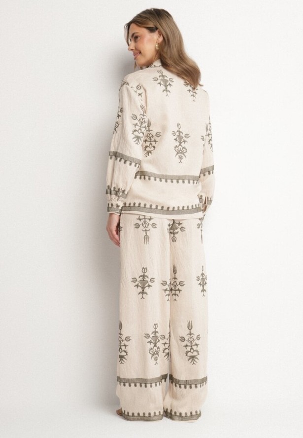 Beżowy Komplet z Wiskozy w Stylu Boho Koszula i Spodnie Zdobione Haftem Sarhiris