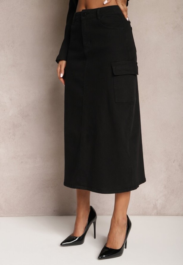 Czarna Spódnica Jeansowa Midi Typu Cargo z Kieszeniami Dyleta